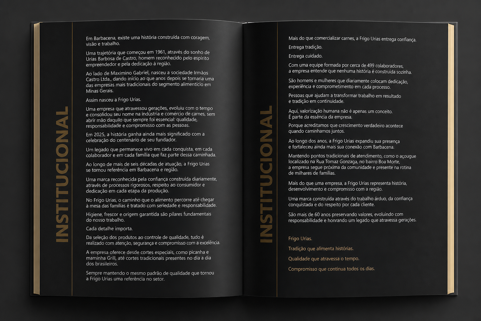 História institucional da Frigo Urias em formato de livro aberto
